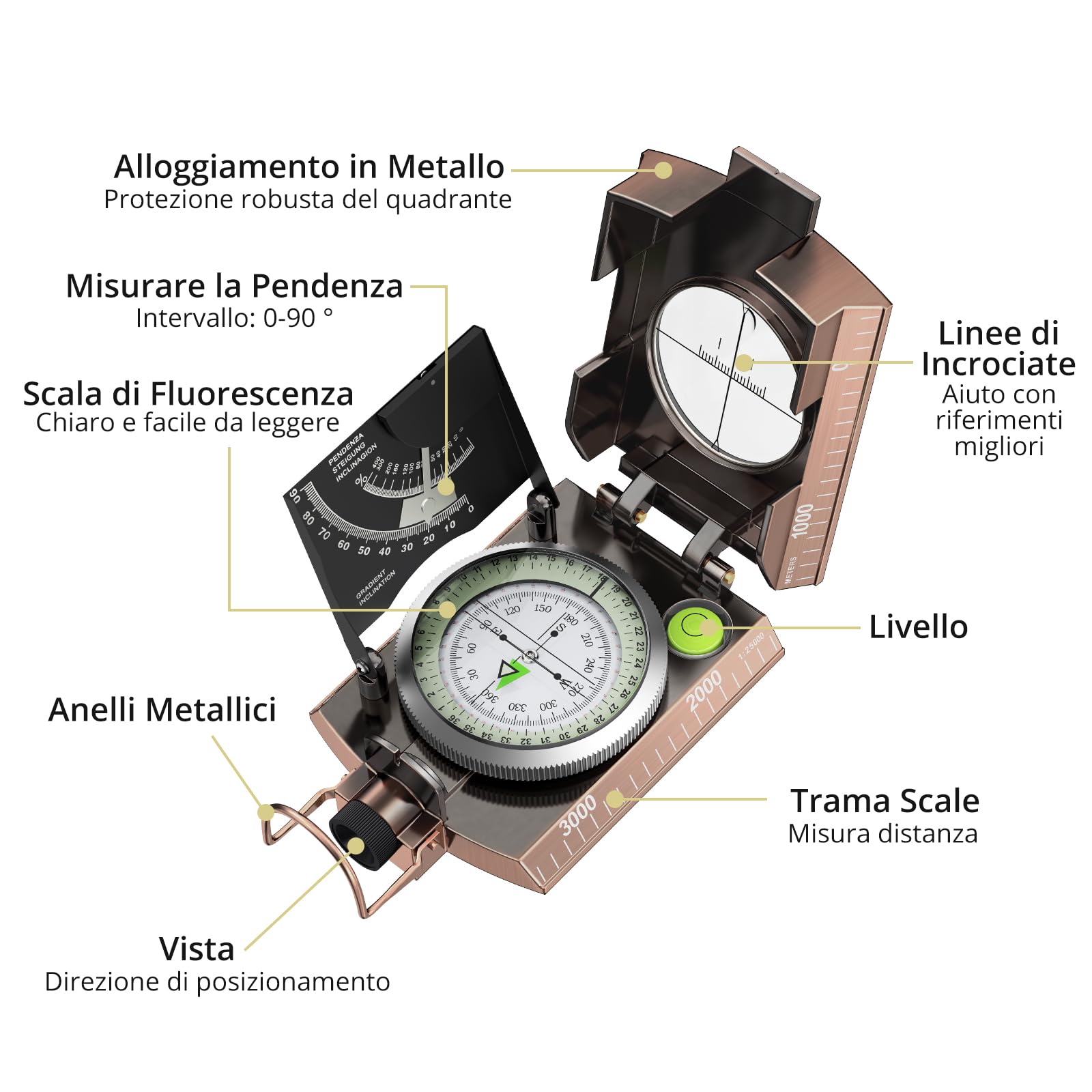 Anbte Bussola Militare,Navigazione Professionale Impermeabilee Luminosa con Clinometro e Livella a Bolla-Portatile Bussola in Metallo per Campeggio/Geologia/Escursionismo con Custodia