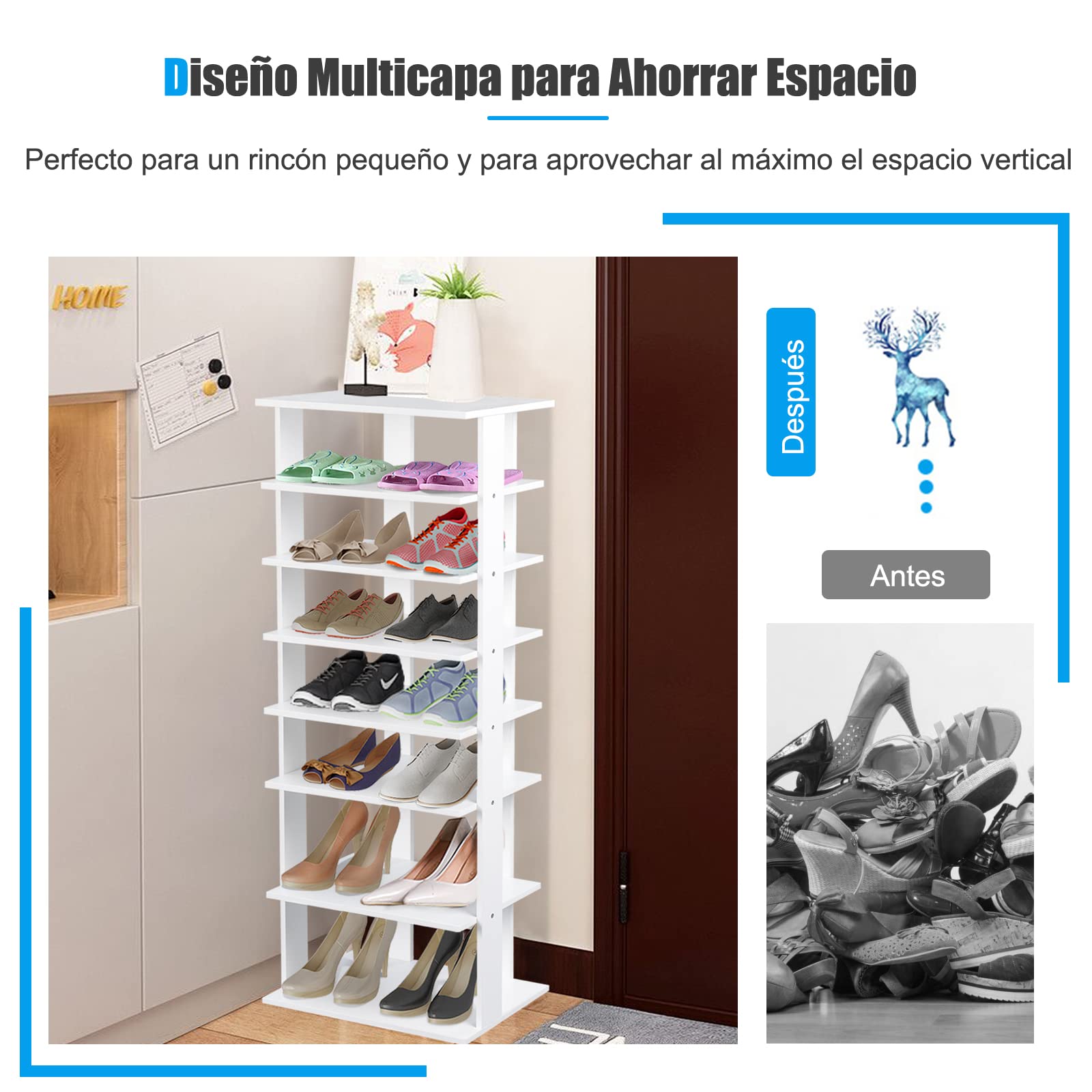 COSTWAY Estante de Zapatos Vertical Industrial de 7 Niveles, Torre de Almacenamiento de Zapatos de Estilo Retro, Panel Extraíble 45 x 25 x 110 cm (Blanco)