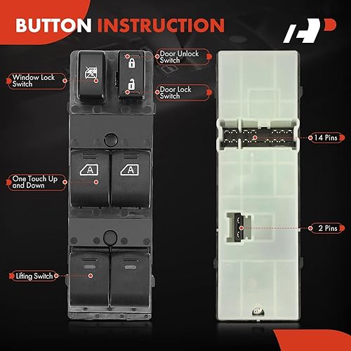 Miniatura 4 de A-Premium Master - Interruptor de elevalunas eléctrico compatible con Nissan Maxima 2009-2014, lado delantero izquierdo del conductor, repuesto #