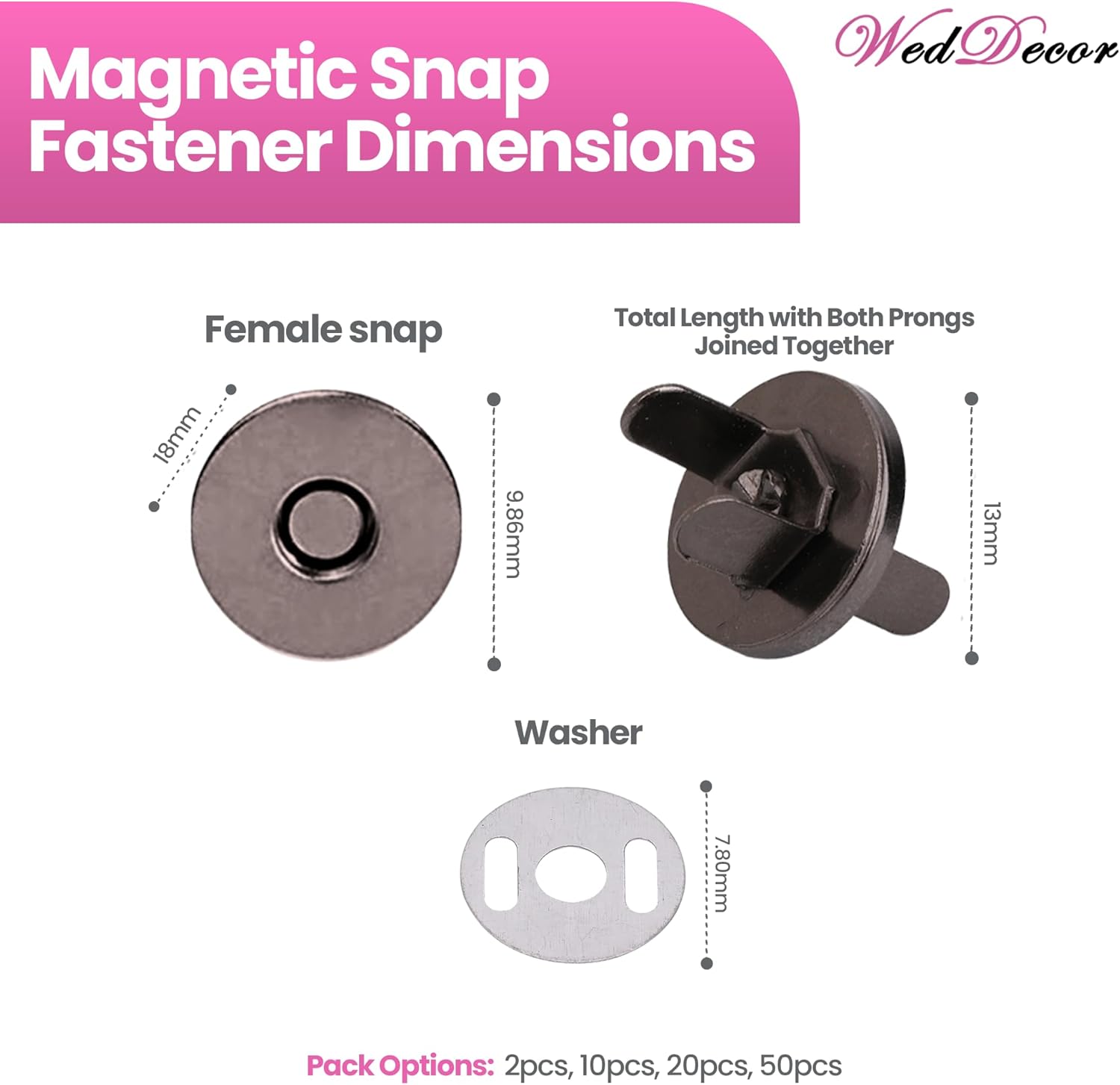 Weddecor 50pcs 18mm Gun Metal Magnetic Snaps Purse Double Rivet Closures with 2 Metal Backing Washers Round Fasteners Clasps Stud Button for Crafts, Purse, Bag and Clothes