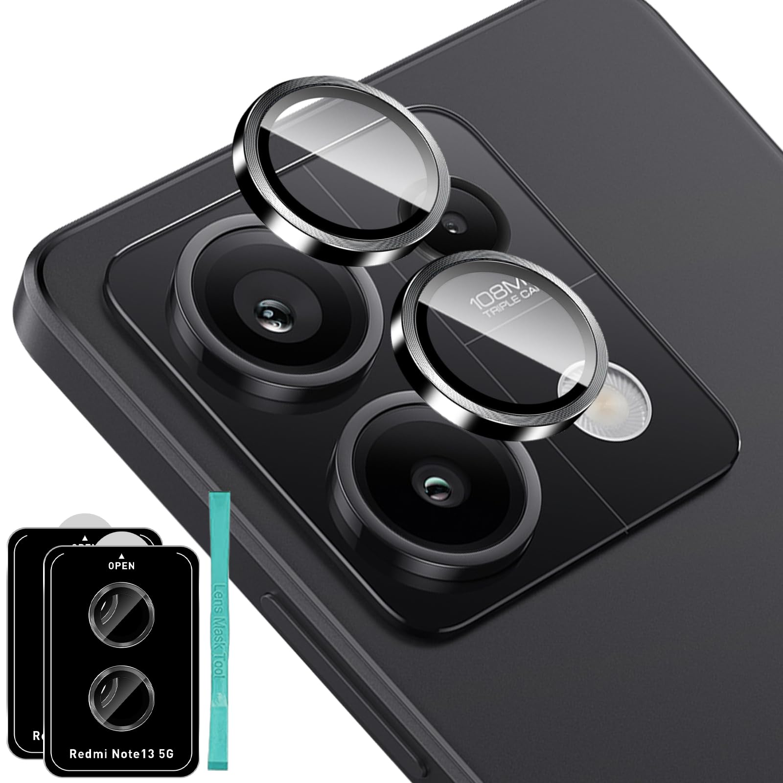 GIOPUEY [Protection Complète Caméra Arrière Protecteur Compatible Avec Redmi Note 13 5G, [Double Protection] Metal Verre Trempé, Verre Trempé Camera - Silver