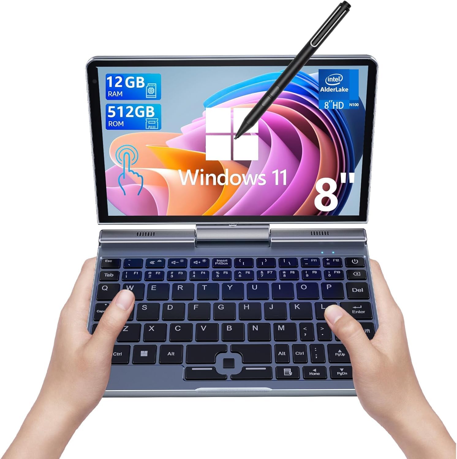 Follow Mini Laptop,8 inch HD Touch Screen Mini Computer Windows 11 Pro,Intel N100 4 Cores 2-in-1 Pocket PC 12GB LPDDR5 RAM 512GB M.2 SSD, Gigabit | Wi-Fi 6 | BT5.2 | 2MP Camera | G-Sensor | HDMI