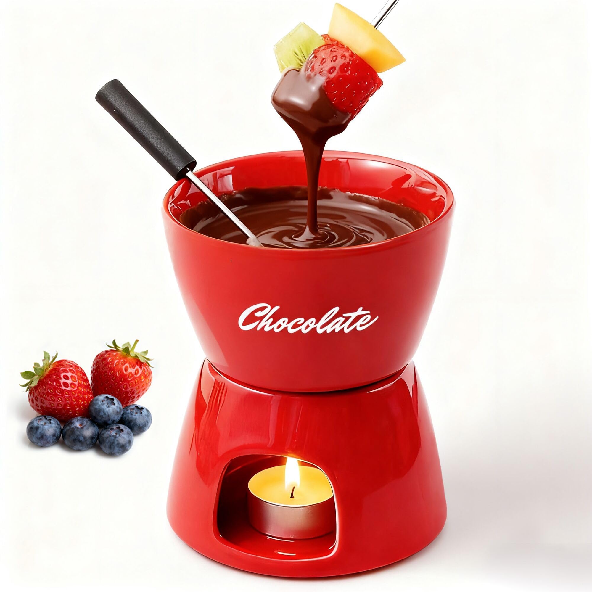 Red Ceramic Cheese & Chocolate Fondue Set with 2 Dipping Forks – Mini Fondue Pot for Melted Cheese, Chocolate, Butter Warmer for Seafood, Ideal Gift for Dating, Anniversary, Christmas
