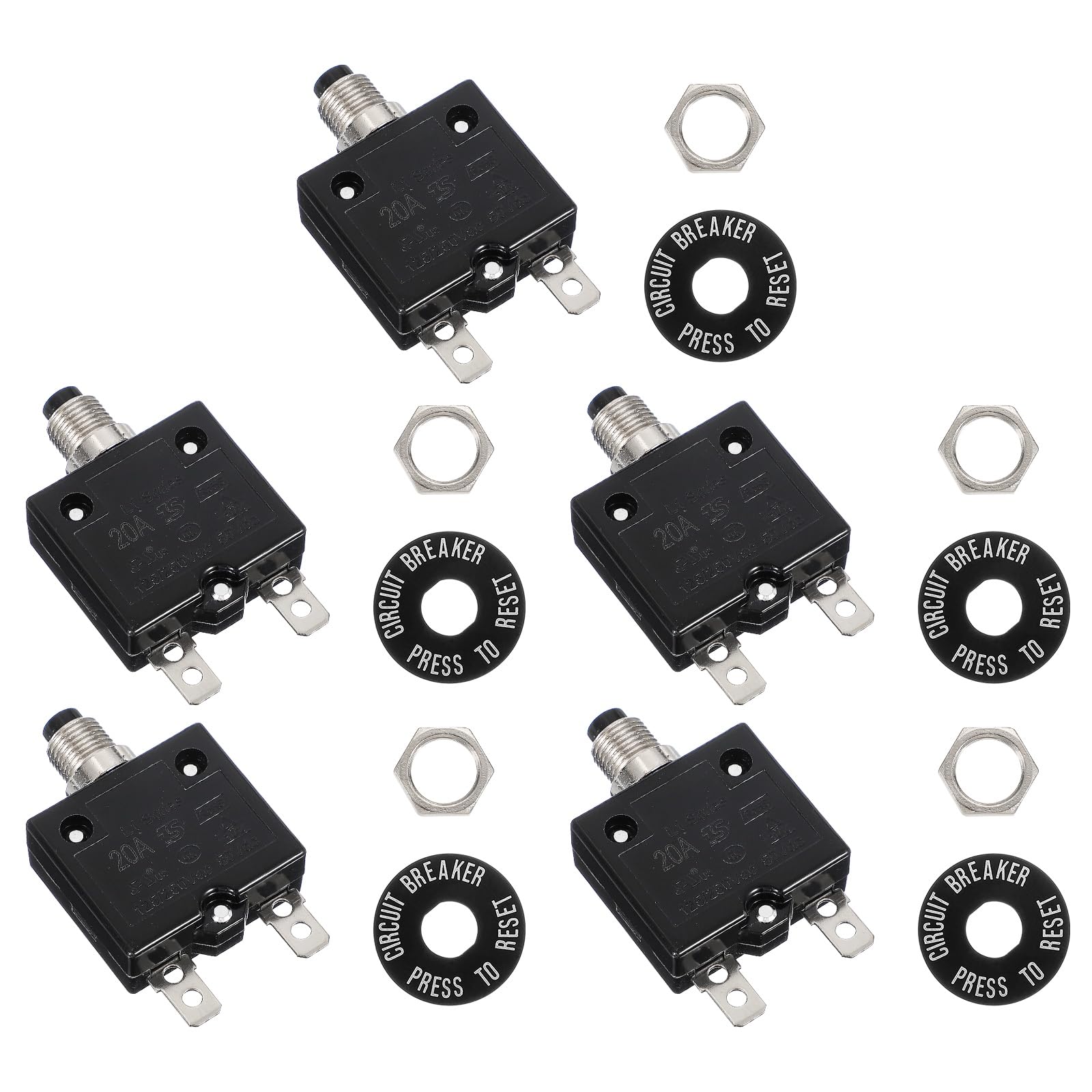 sourcing map 5 Pcs 20Amp Push Button Circuit Breaker,125/250V AC 50V DC Manual Reset Thermal Overload Protector Thermal Circuit Breaker for Industrial Auto Cars