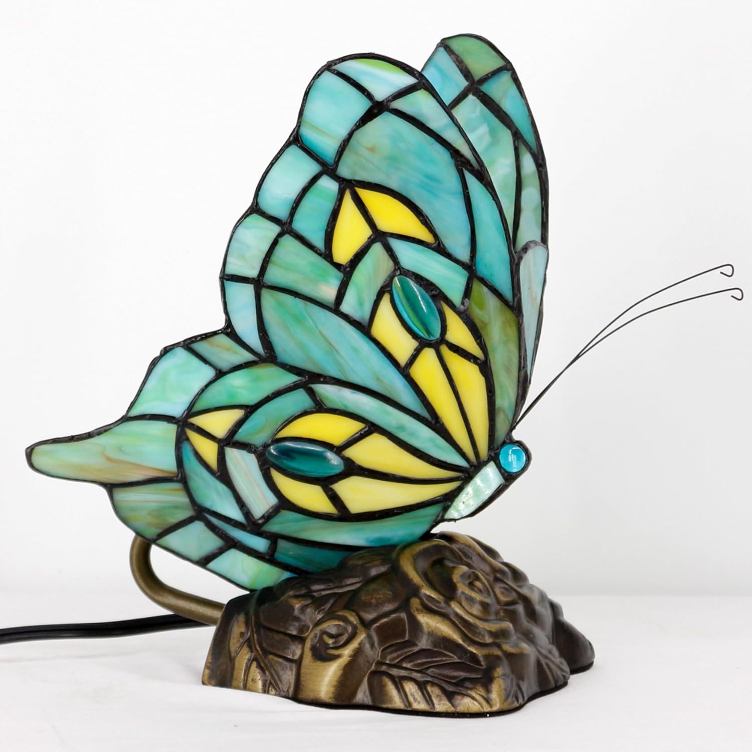 Small Tiffany Table lamp Stained Glass Butterfly Desk Lamp 7X5X9.8 Inch Accent Antique Light (Green Butterfly)