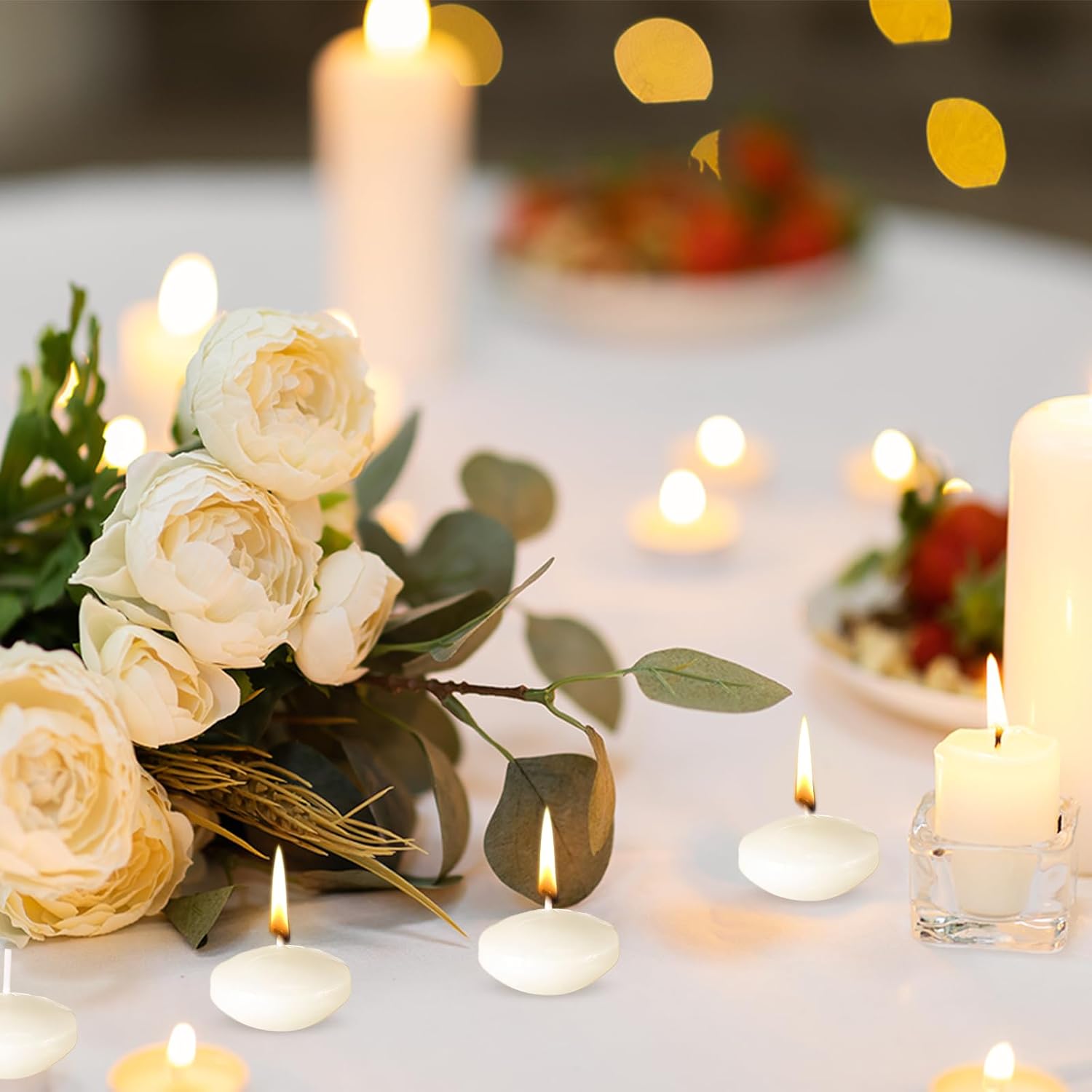 MTLEE 36 Pcs Thanksgiving Day Floating Candle 1.75'' 18 Pcs White Pillar Candles 4'' 5'' 6'' Diameter Dripless Wax Burning Unscented Decorative for Banquet Wedding Dining Party Home Decor