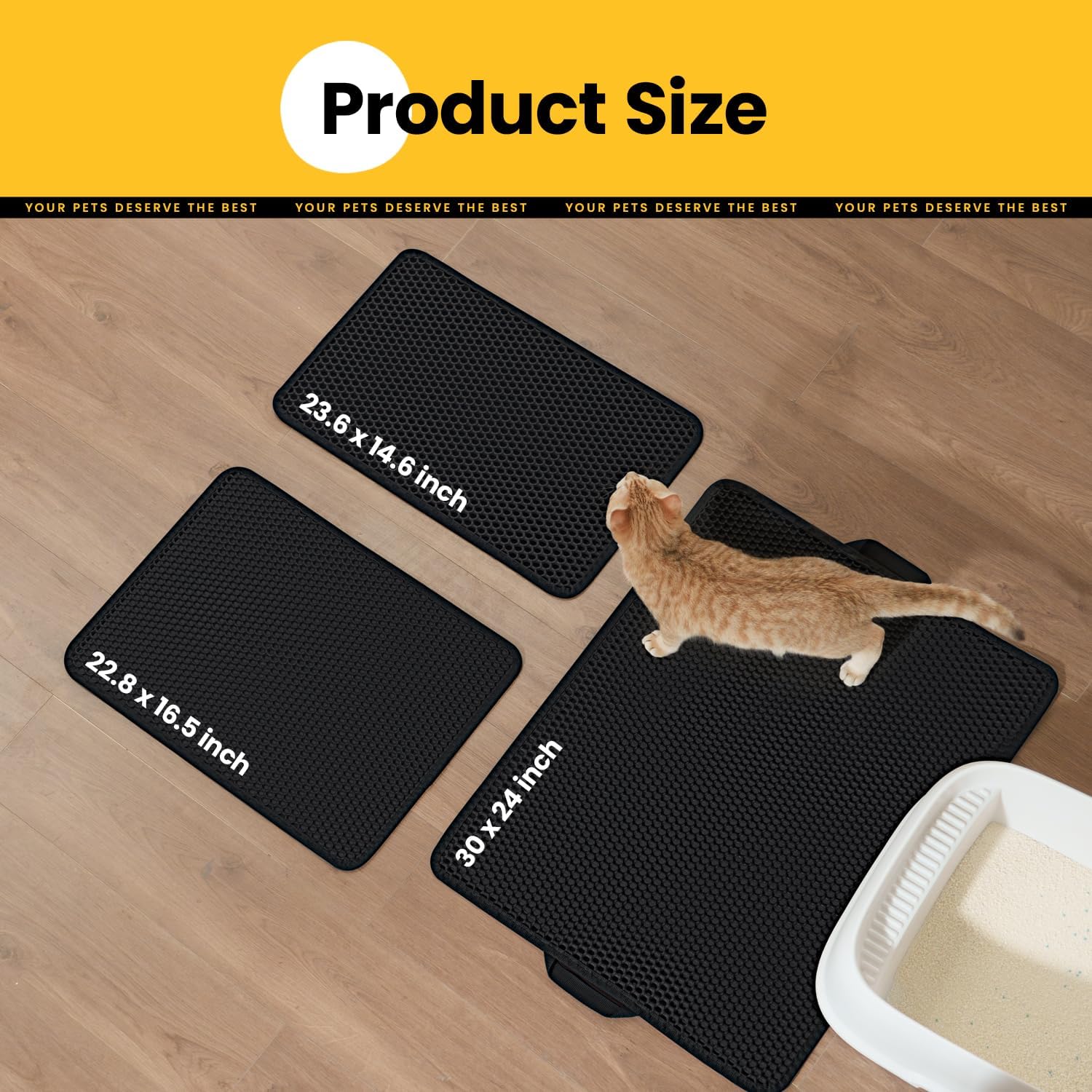 Three black cat litter mats of different sizes (23.6x14.6 inch, 22.8x16.5 inch, 30x24 inch) laid out on a wooden floor, with a small cat walking on the largest mat.