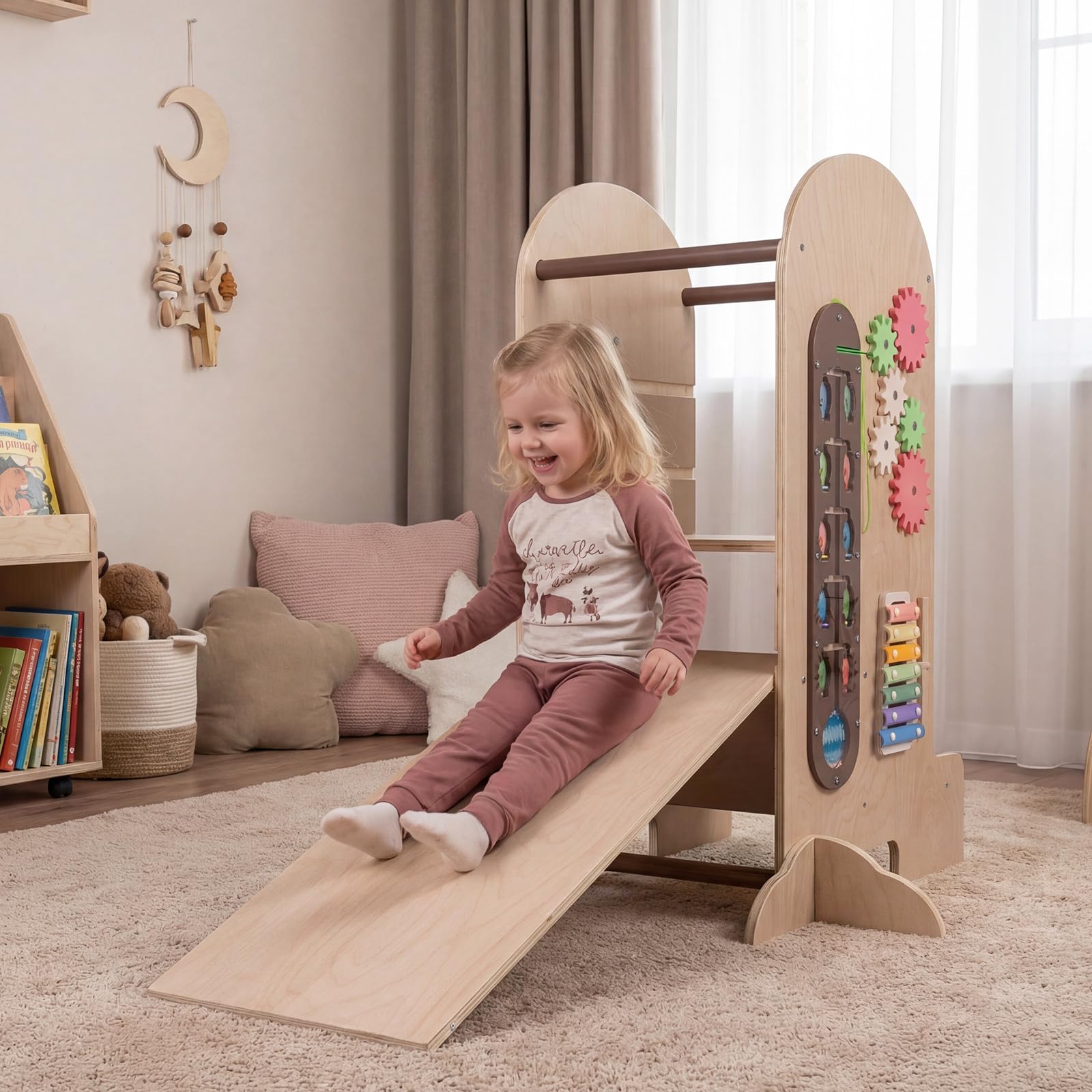 COSTWAY Wieża edukacyjna 4 w 1, drabinka ze zjeżdżalnią, tablica do pisania kredą i planszą do gry | Pomocnik kuchenny z regulacją wysokości z drewna, stołek montessori dla dzieci od 3 lat