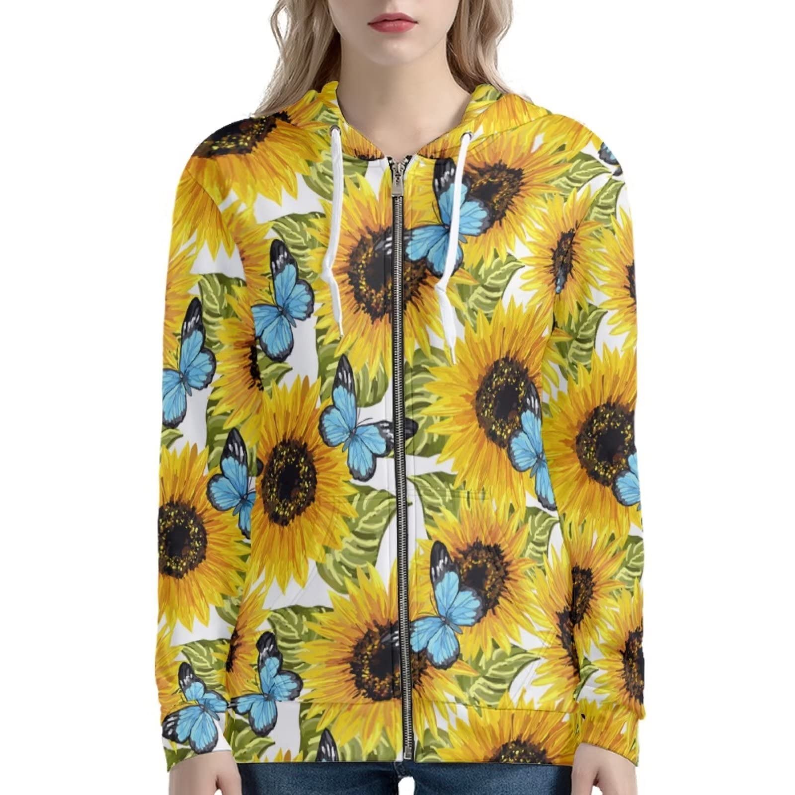 Xoenoiee Damskie bluzy z kapturem z kieszeniami, długi rękaw, kurtka z kapturem, zamek błyskawiczny, dziewczęca, oversize, odzież uliczna, słonecznik i motyl, XL