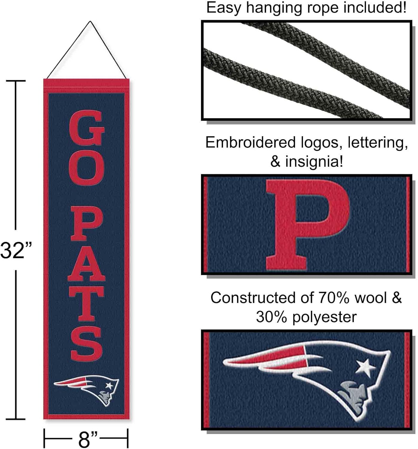 WinCraft New England Patriots Go Pats 8x32 Inch Vertical Wool Embroidered Hanging Banner