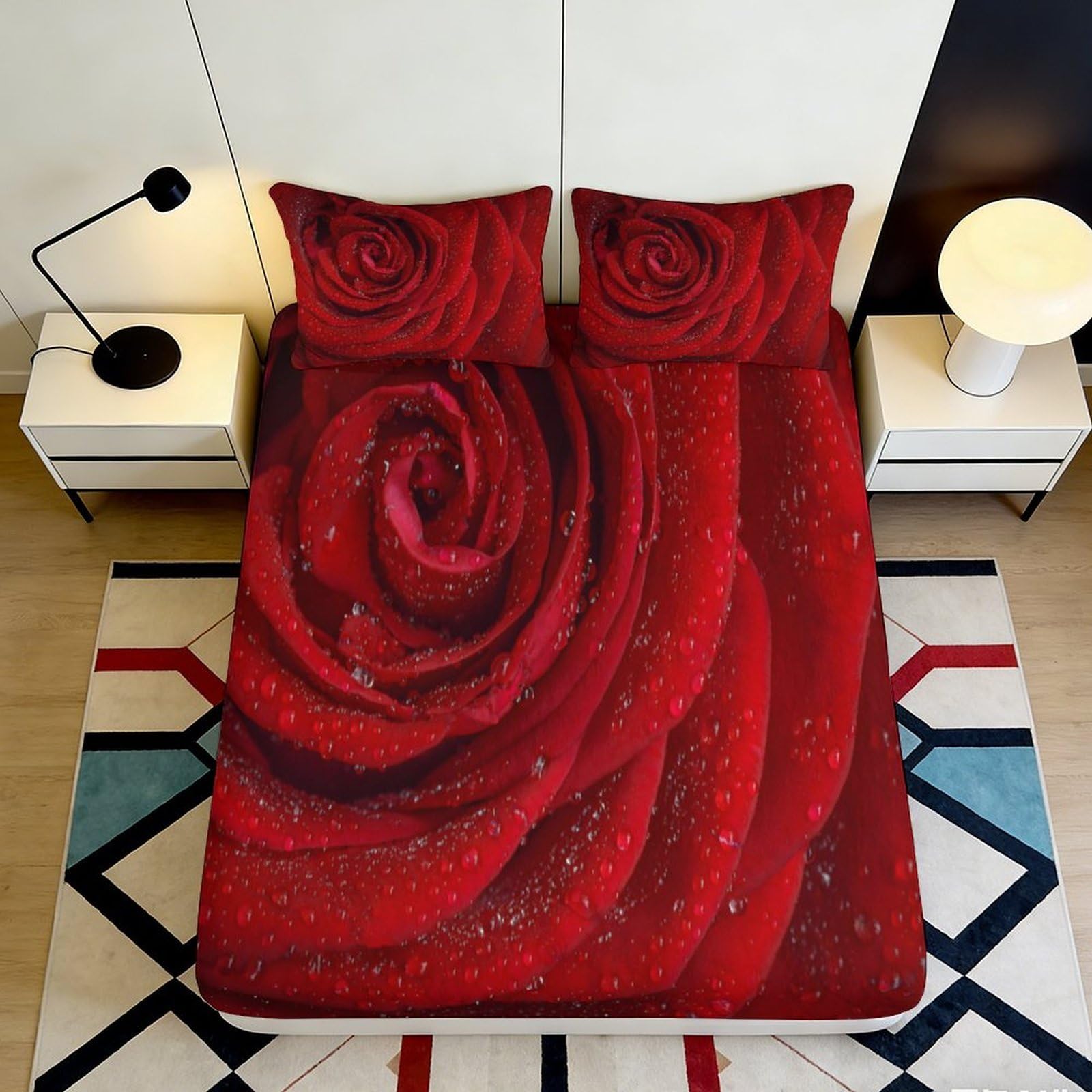Pnayamiorkfel Style-2 3D Printed Red Rose Fitted Sheet Microfiber Soft Breathable Water Droplets Bed Cover For Bedroom Guest Room Decor 90X200x25cm