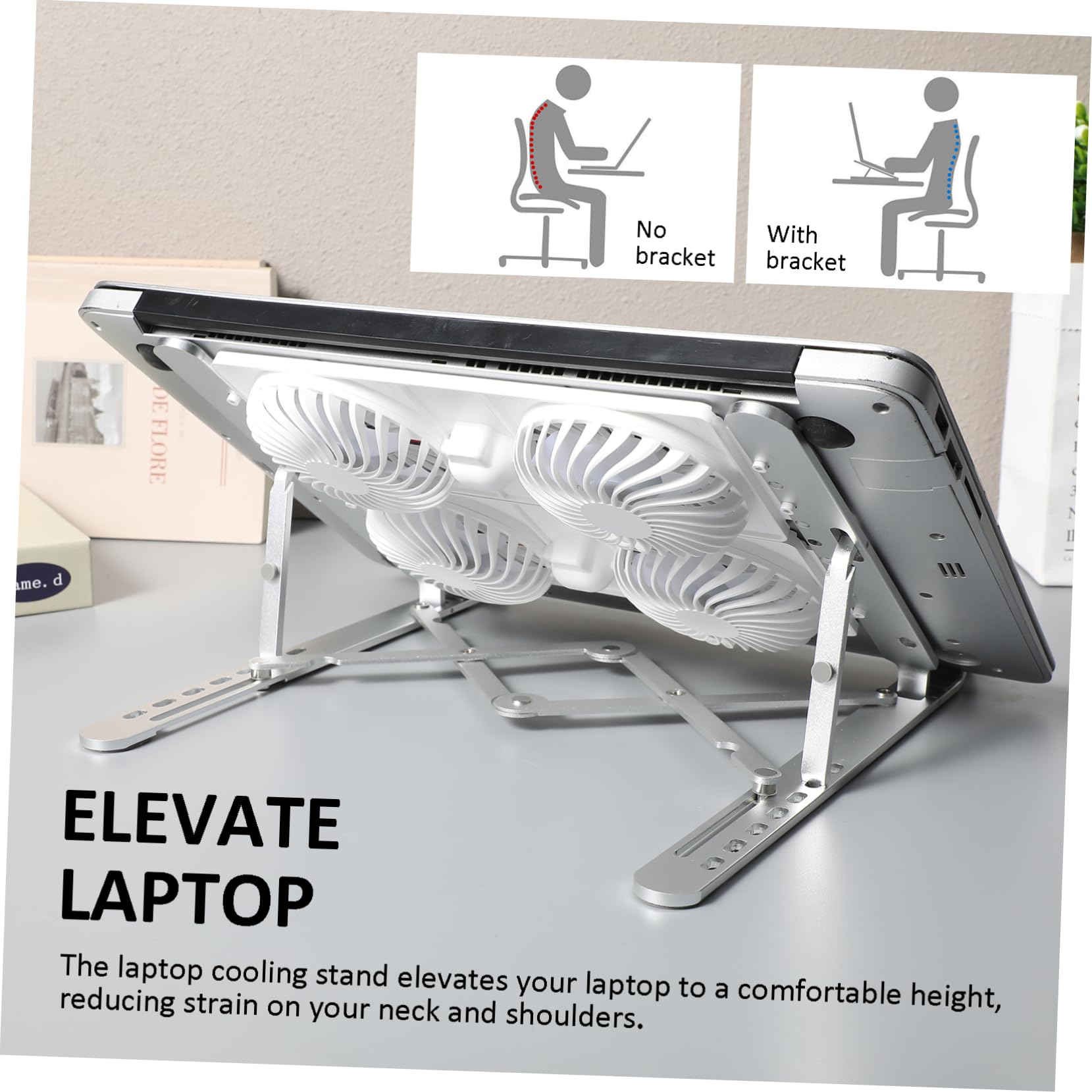 Laptop Cooler Stand Argento Lega di Alluminio Ventola, Atmosfera Estiva | Supporto Pieghevole, Silicone Antiscivolo, Alimentazione Usb, 3w, 0.6a