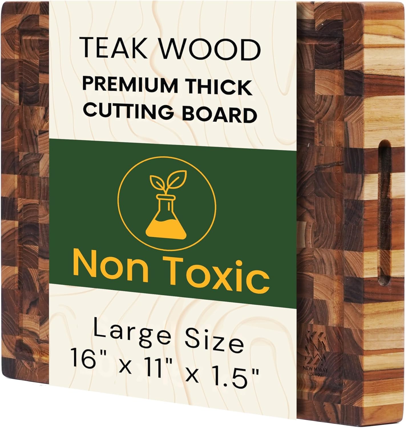 Premium Teak Wood XL End Grain Butcher Block Cutting Board 24" x 18" x 1.5" Thick Cutting Board for Meat & BBQ Prep, Knife-Friendly Cutting Board with Juice Groove & Handle by New M Way