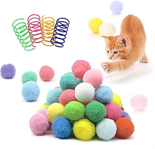 30 bolas de pompón silenciosas de alta calidad, interactivas, ligeras, de colores surtidos (1.2 pulgadas), con 4 piezas de juguete de resorte para gatos en interiores para jugar en interiores