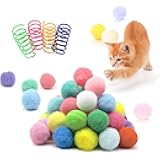 30 Pcs Premium Silent Cat Pom Pom Balls, Interactive Lightweight Assorted Colors Fuzzy Toy Balls (1.2 inches), with 4 Pcs Cat Spring Toy for Indoor Kitten Playing Exercising