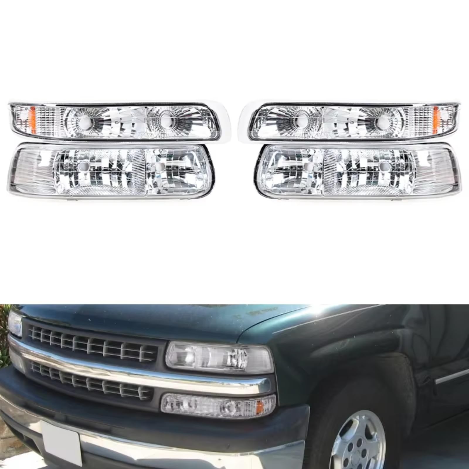 Przednie światła przeciwmgielne do Chevroleta Silverado 1999-2002, Suburban i Tahoe; boczne światła pozycyjne, obudowa reflektorów z przezroczystą soczewką (bez żarówki).