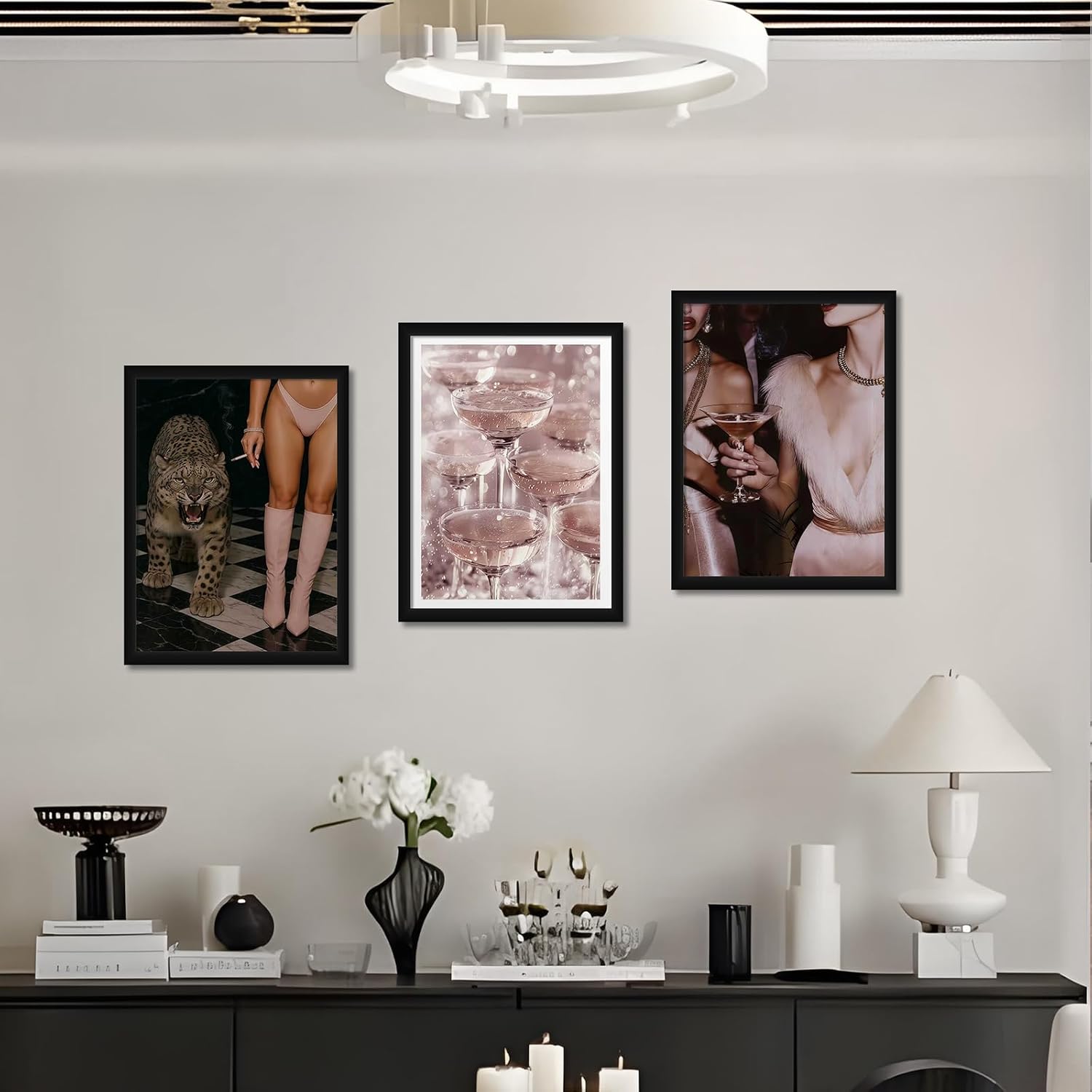 Luxury Fashion Wall Art Set of 3, Framed Canvas Prints with Solid Wood Frame, Modern Pink Glam Photography Wall Art with Acrylic Cover, Stylish Picture Painting for Living Room Bedroom Bar Studio 8X10IN