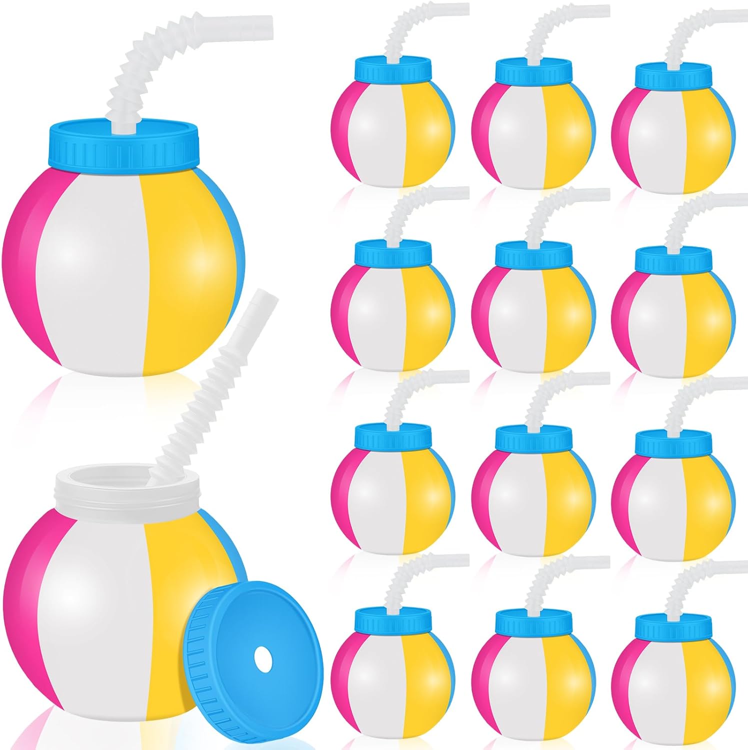Nuanchu 20 Pcs 14 oz Summer Beach Ball Cups with Straws and Lids Plastic Sipper Reusable Party Cups Bulk Beach Summer Theme Party Favor for Kids Birthday Sports Theme Supplies