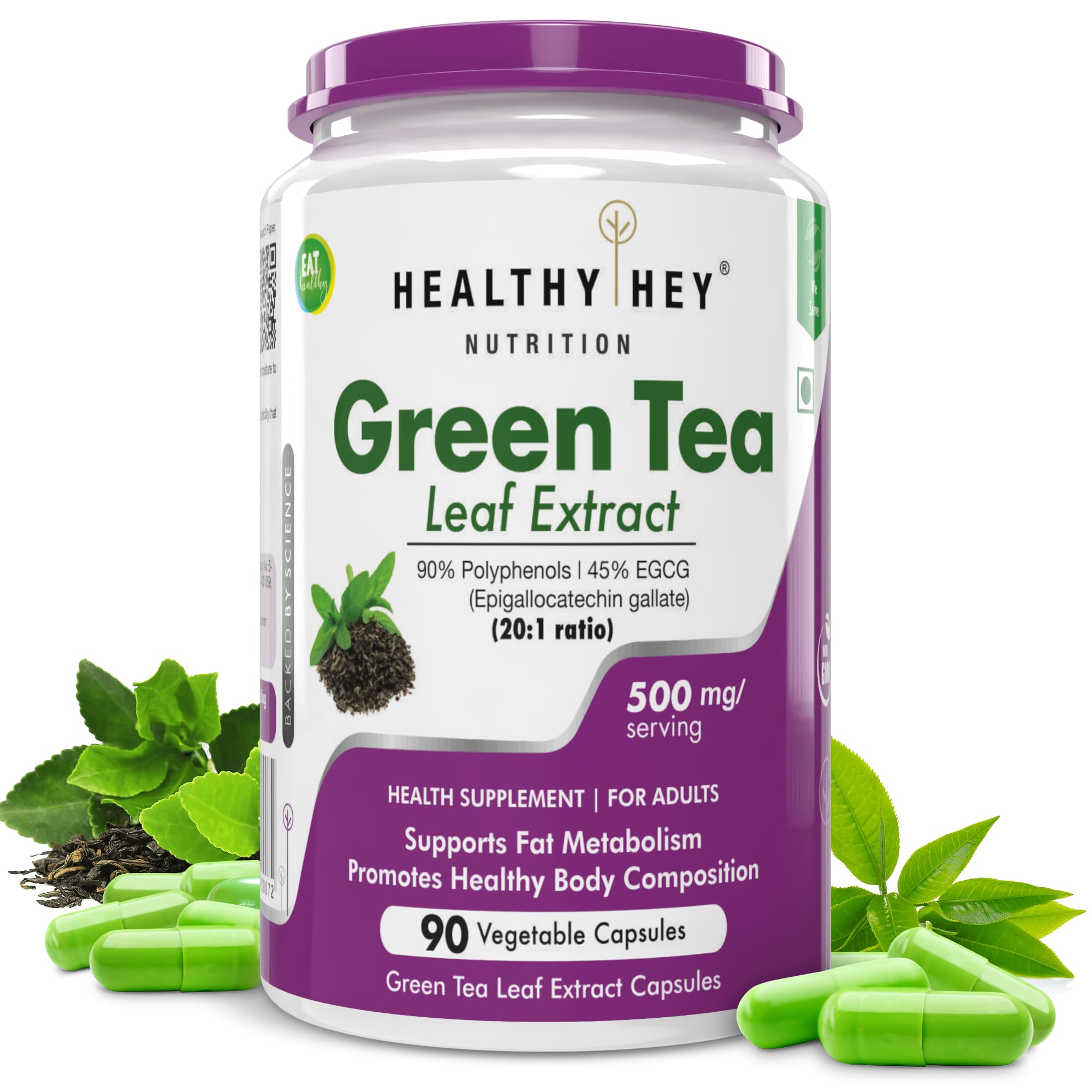 HealthyHey Nutrition Green Tea Extract - 90% Polyphenols & 45% EGCG - 20:1 ratio -90 Veg. Capsules