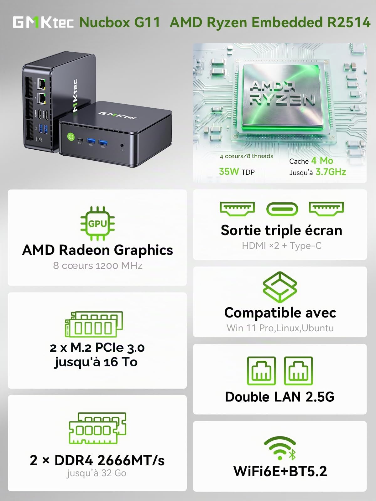 GMKtec G11 Mini PC avec AMD Ryzen Embedded R2514, 3 Ans d'assistant, 4C/8T Jusqu’à 3,7 GHz (Beats 4300U), 16Go DDR4 256Go SSD PCIe 3.0, Dual LAN 2,5G/WiFi6E/Triple écran 4K, pour Bureau/NAS/routeur