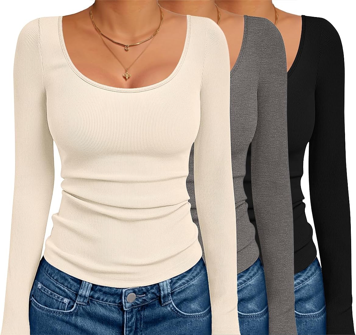 Ekouaer 3 Pack Long Sleeve Shirts for Women Scoop Neck Ribbed Thermal Tops Slim Fit Basic Undershirts XS-XXL