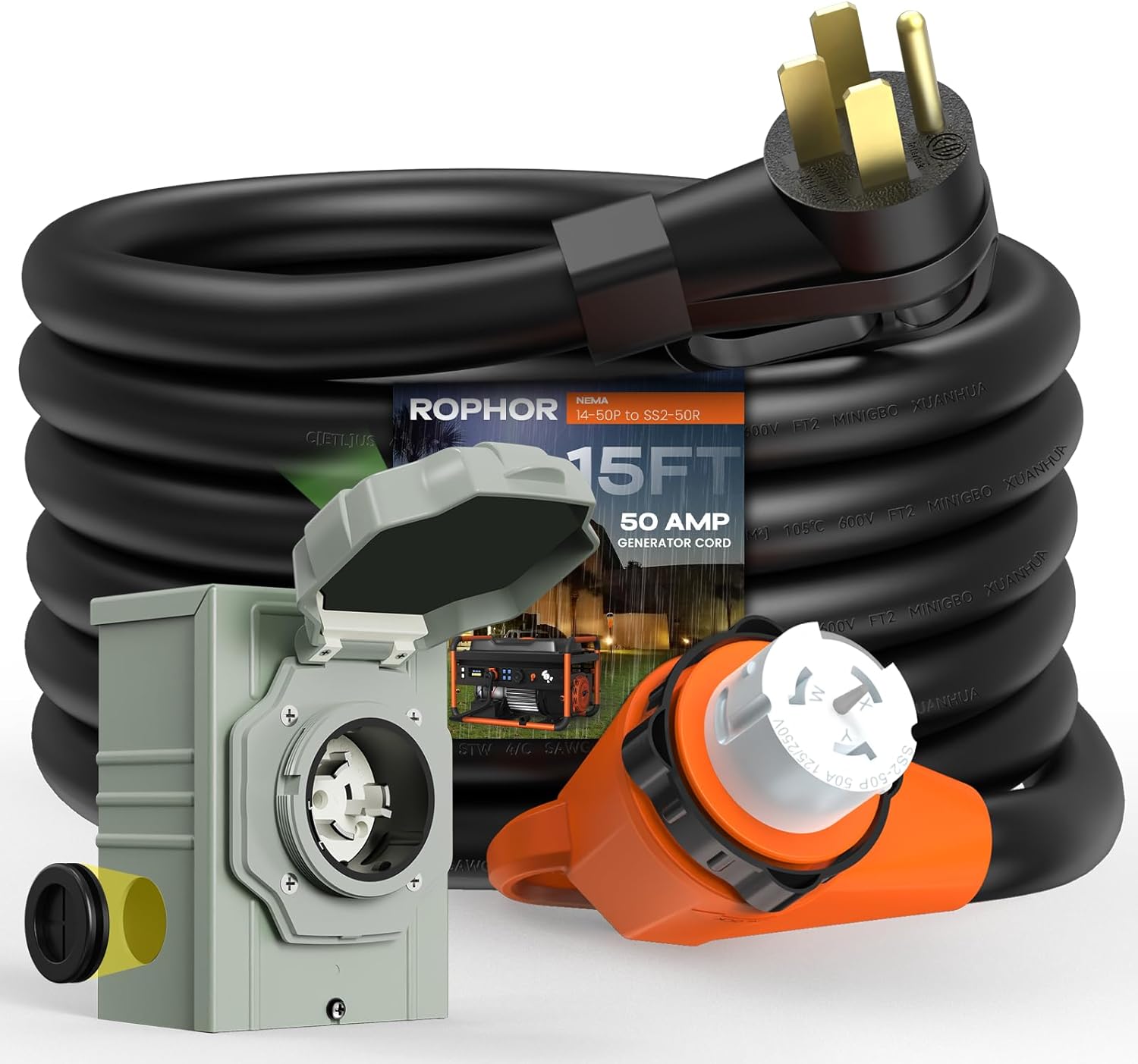50 Amp Generator Cord and Pre-Drilled Power Inlet Box, 25FT Heavy Duty NEMA 14-50P to SS2-50R Extension Cord Twist Locking with Inlet Box, 125/250V, 12500W, ETL Listed for Outdoor Emergency Kit