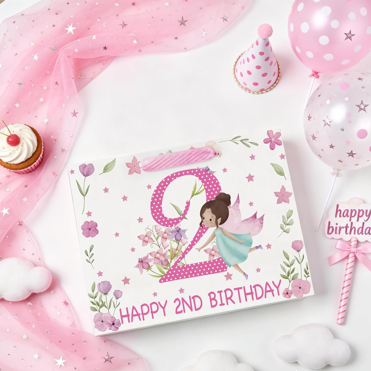 WRAPAHOLIC 13" Large Fairy 2nd Birthday Gift Bag with Tissue Paper - Pink Flower Fairy Paper Bags for Two Year Old Girls Birthday Party image 5