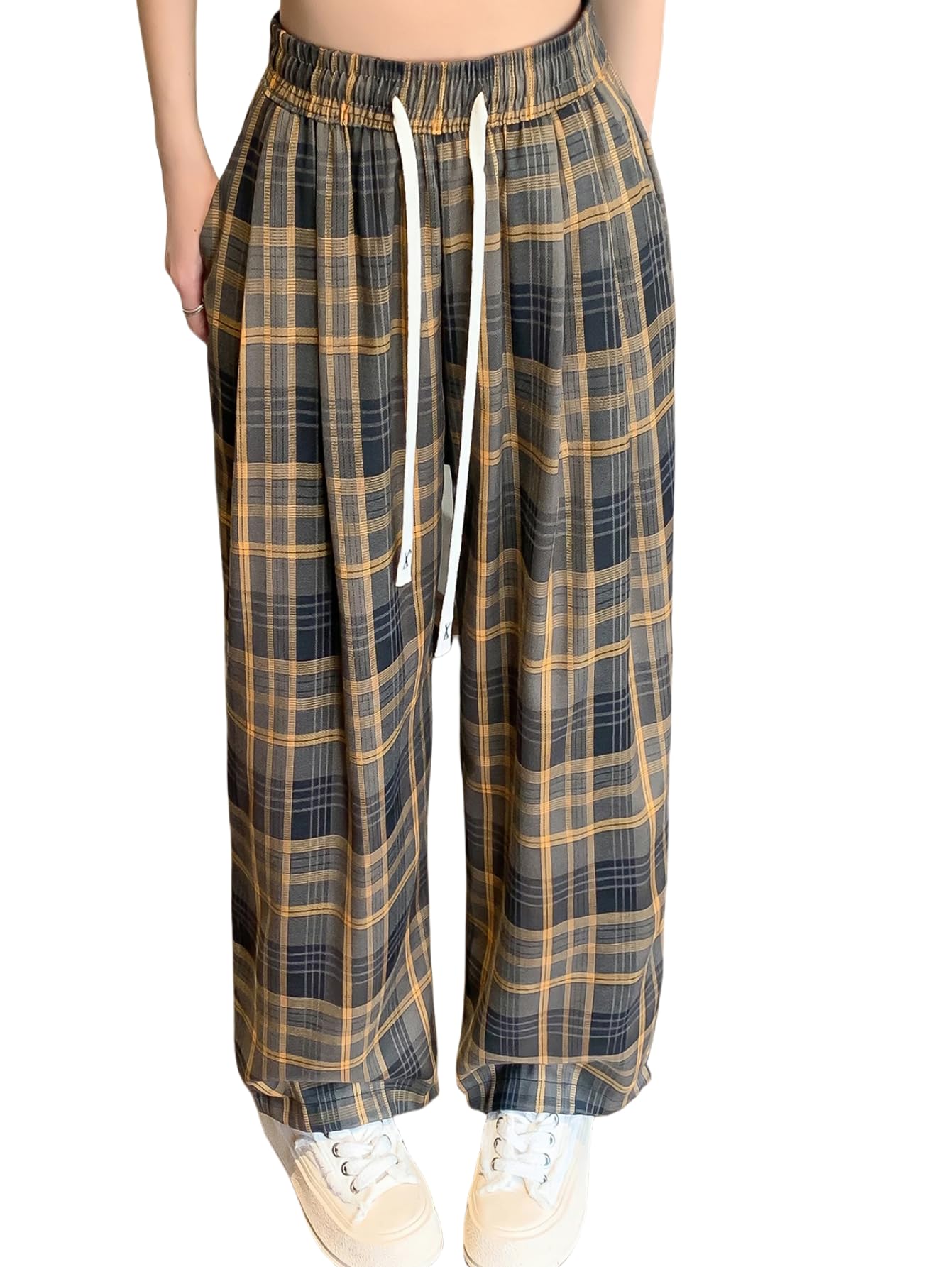 Women Y2k High-Waist Vintage Plaid Print Wide-Leg Pants Loose Casual with Pockets Straight Leg Pants Trousers