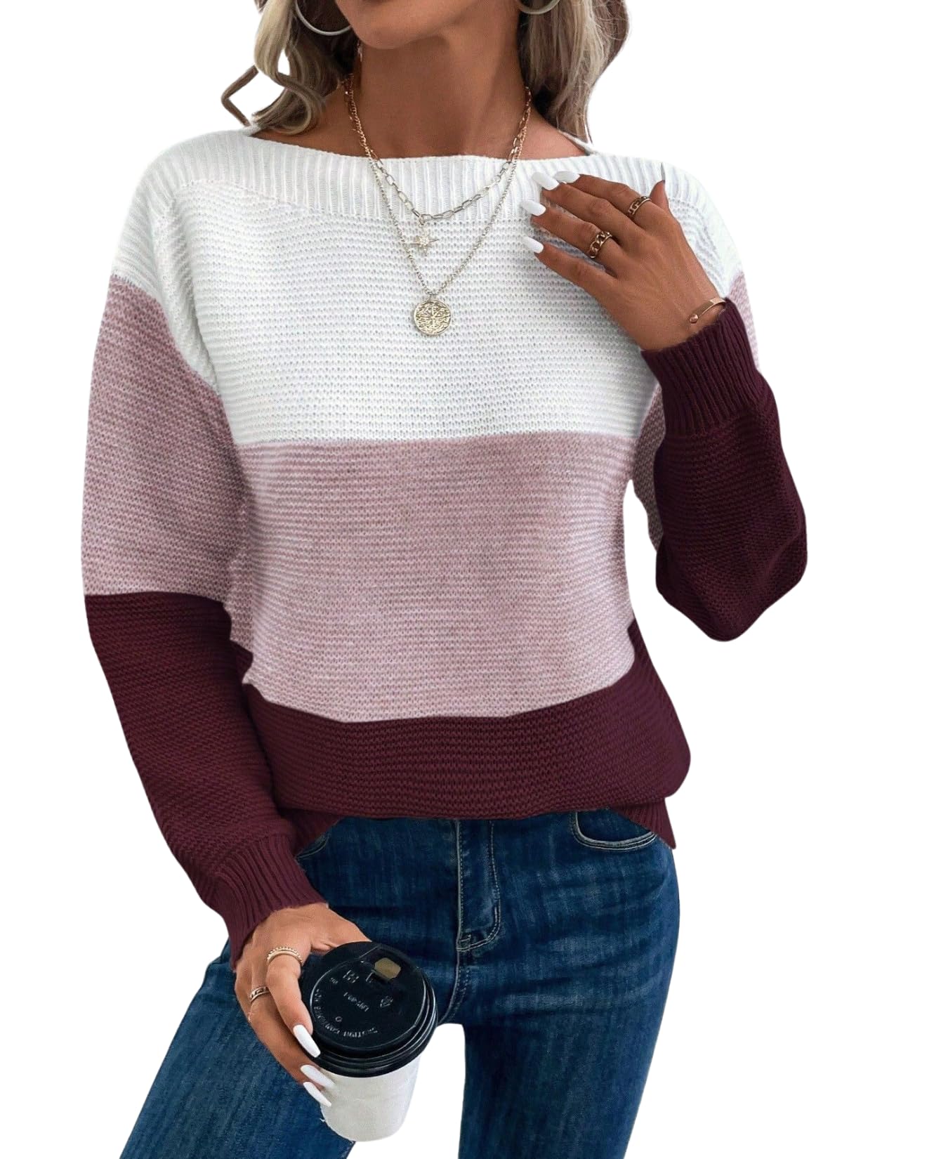 Womens Casual Colorblock Sweater Long Sleeve Round Neck Soft Loose Clashing Tops for Vacation and Daily Life
