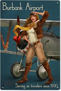Lantern Press 6x9 Inch Wood Sign, Ready to Hang Wall Decor, Burbank Airport, California, Aviator Pinup Girl