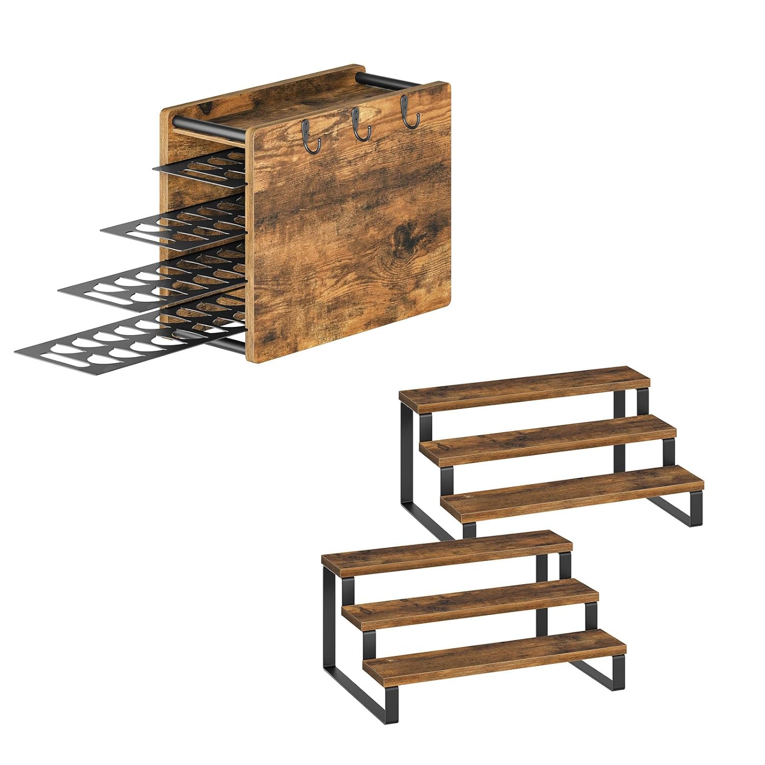 Coffee Pod Drawer Holder, 72 Pods Large Capacity, 4 Tier Holder for Vertuo, Spice Rack Set of 2, Wooden Display Riser Stand, 3 Tier Spice Rack Organizer for Countertop, KH06BR-SR03L2BR