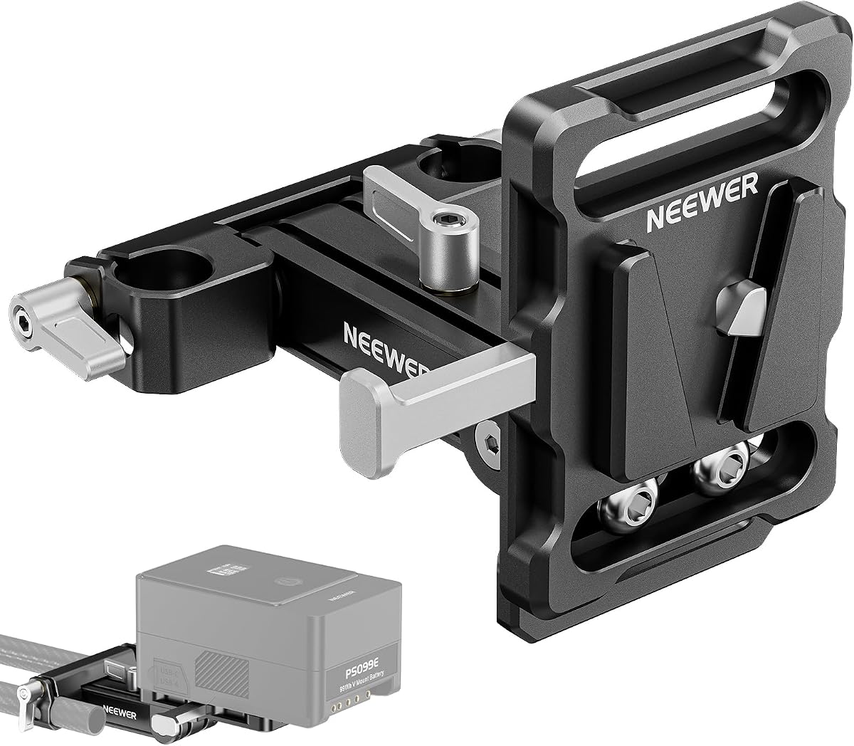 Mini V Mount Battery Plate with 15mm LWS Rod Clamps, 180° Tilt Foldable L Shaped V Lock Battery Plate with Quick Release Button, Compatible with SmallRig Shoulder Rig Sony FXLION Nano, PS007