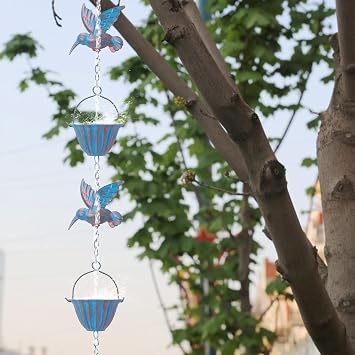 2.4m Hummingbird Rain Chains for Gutters, Decorative Rain Chimes Movable Hanging Outdoor Rustproof Rain Catchers with 7 Cups 7 Birds Umbrella Shape Downspouts Hanging Garden Ornament for Divert Water