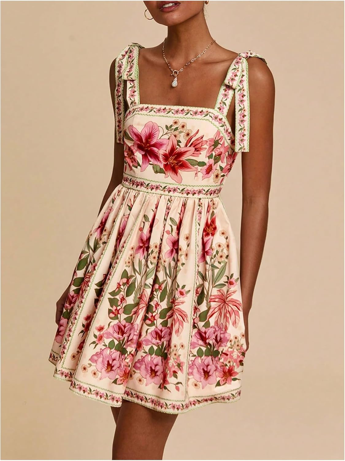 OYOANGLE Women's Floral Sleeveless Boho Beach Dress Tie Shoulder Summer Short Dress Flowy A Line Vacation Sundress - Image 3