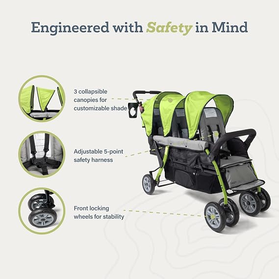 Gaggle by Foundations Compass 3 Seat Triple Stroller | Foot Brake | Shock-Absorbing All-Terrain Wheels | Easy Folding | Black