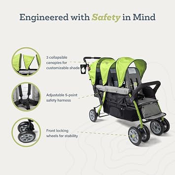 Gaggle by Foundations Compass 3 Seat Triple Stroller | Foot Brake | Shock-Absorbing All-Terrain Wheels | Easy Folding | Black