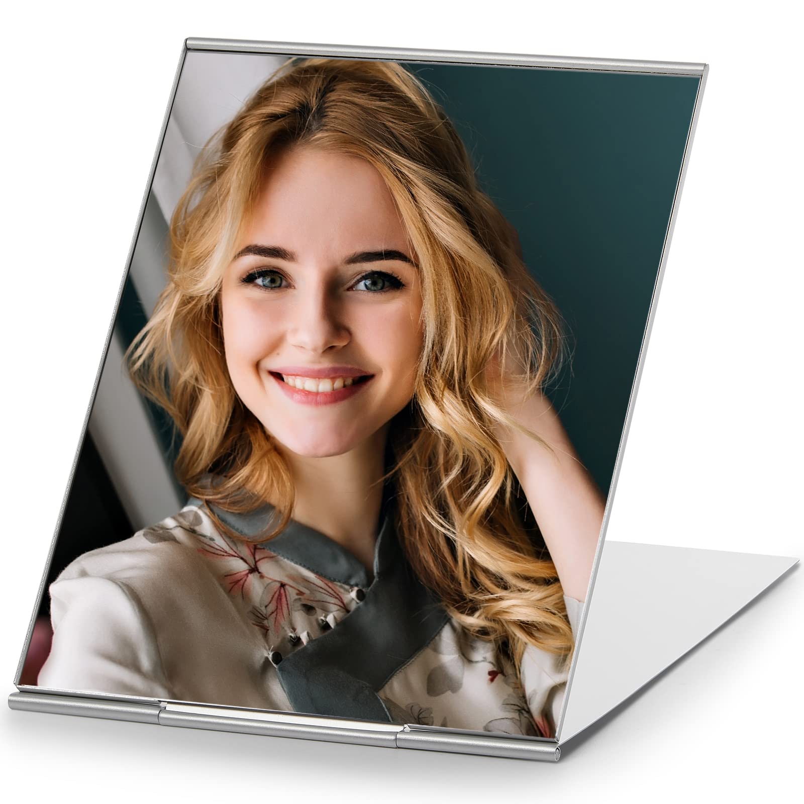 MIRRORNOVA Espejo plegable portátil, ultra delgado y duradero, espejo de mesa de maquillaje para viajes con carcasa de aluminio, tamaño grande de 7 pulgadas