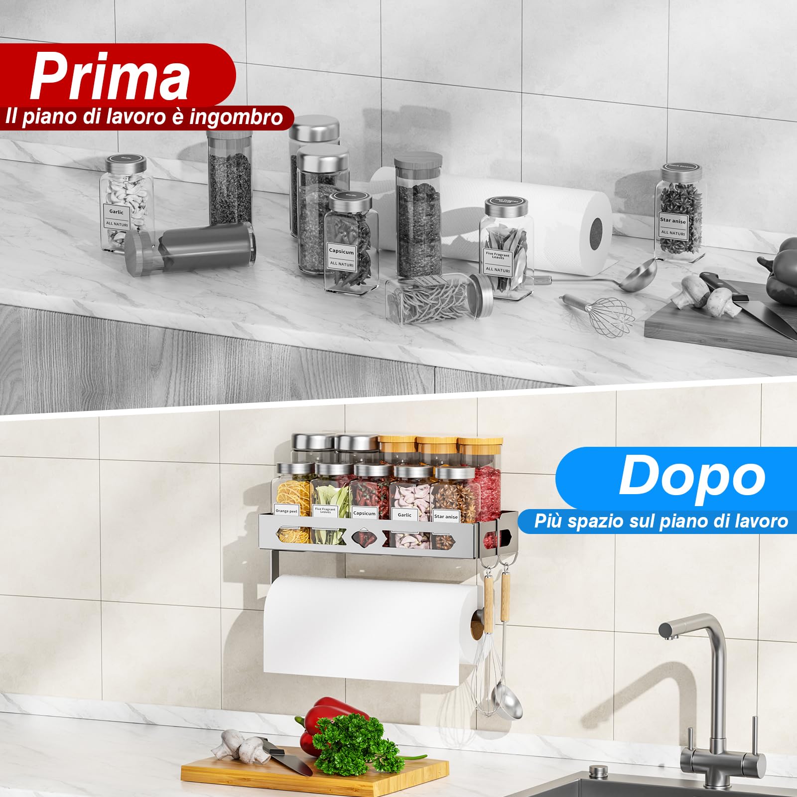 BOIVSHI portaspezie con portarotolo e ganci, Portaspezie Da Appendere con portaro tolo, mensola da cucina da parete, argento