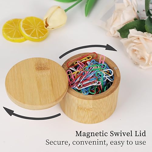 Miniatura 3 de Mulitbey - Soporte de clip de bambú con tapa giratoria, organizador de escritorio de madera natural para clips de papel, clips de carpeta, soporte