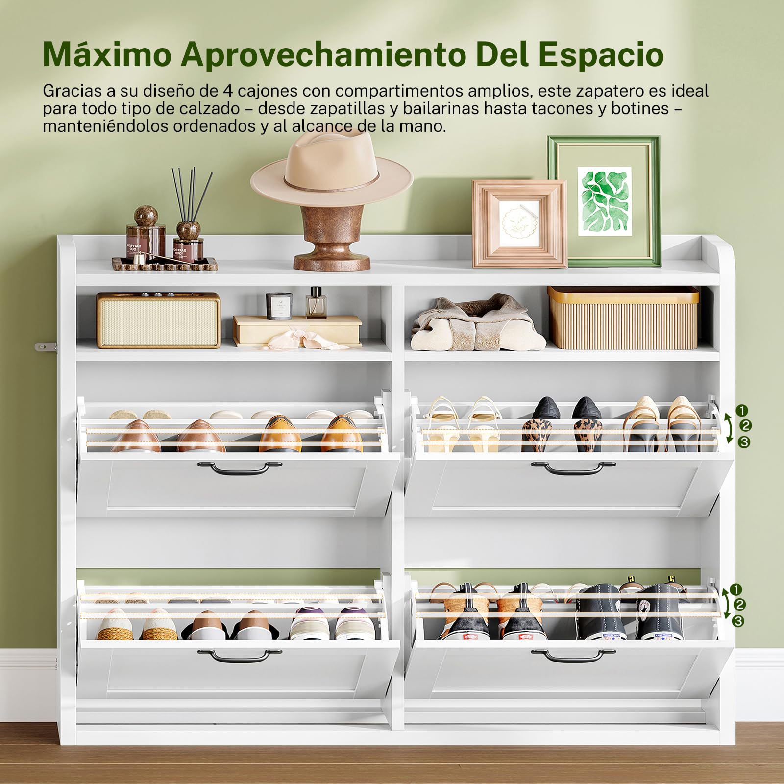 TEENFON Mueble Zapatero Recibidor Estrecho–105cm de Ancho, Armario Zapatero con 4 Solapas y 2Compartimentos Abiertos, Estantes Ajustables, para16–24Pares de Zapatos, Apto para Pasillo,Recibidor,Blanco
