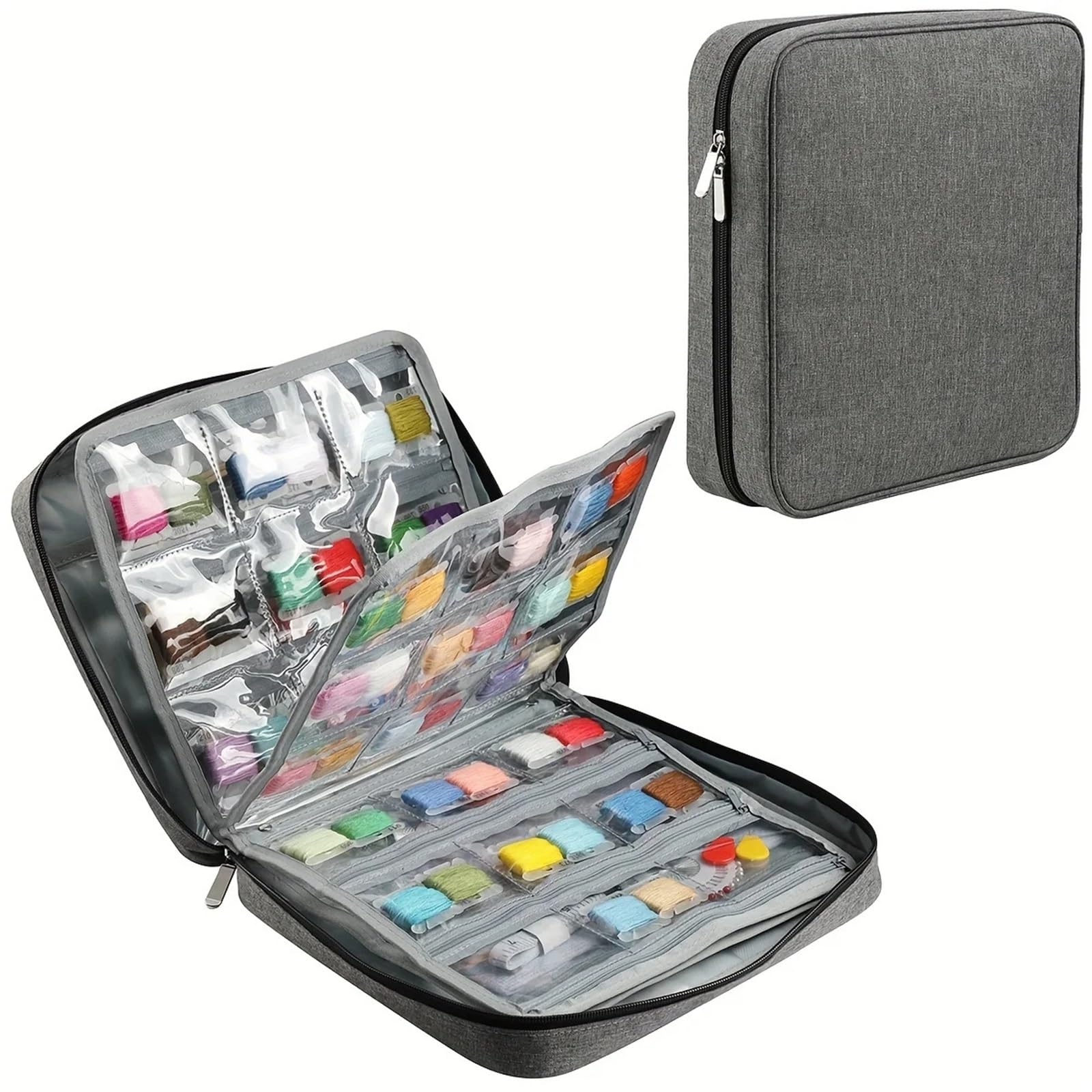 Caja de costura organizadora hilo bordar, con 4 compartimentos separados, bolsillo transparente, bordado multiusos, 1 ud