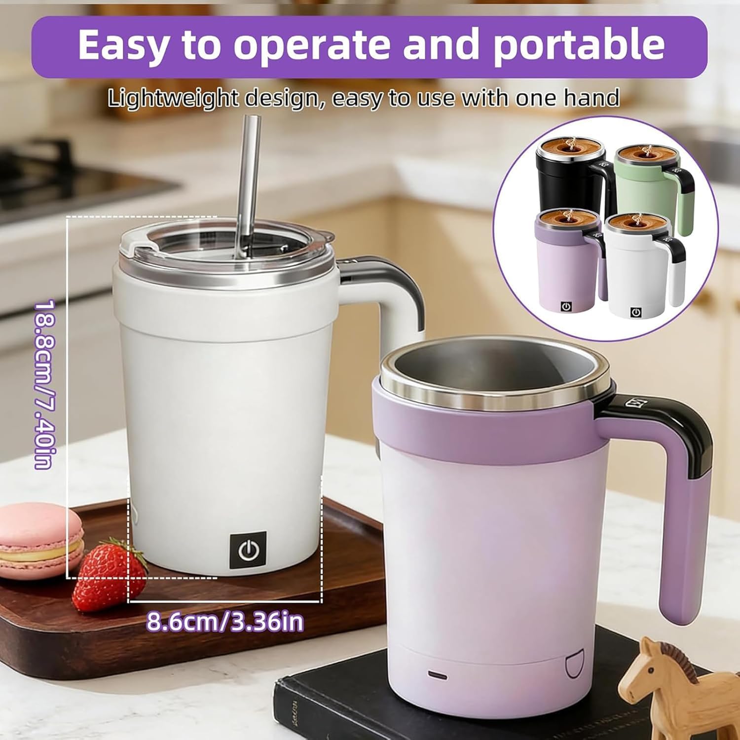 Taza agitadora magnética, taza de viaje calentada con control de temperatura inteligente, mezclador de bebidas portátil, recargable por USB-C, uso con una sola mano, base extraíble para café y té