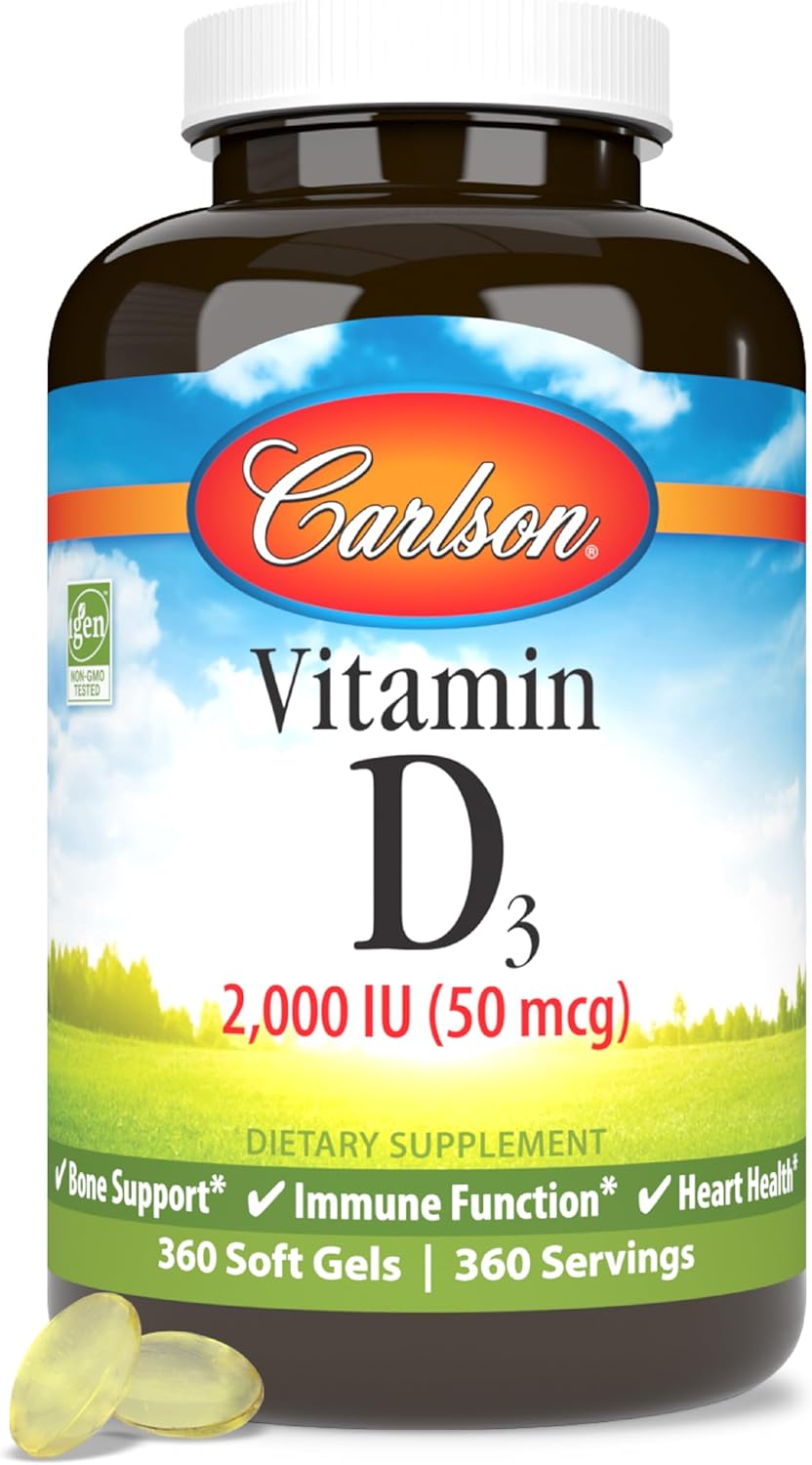 Carlson - Vitamin D3, 2000 IU (50 mcg), Bone & Immune Health, Vitamin D Supplements, Cholecalciferol Supplement, Gluten Free Vitamin D Capsules, 360 Softgels