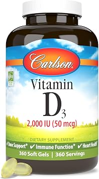 Carlson - Vitamin D3, 2000 IU 50 mcg, Bone & Immune Health, Vitamin D Supplements, Cholecalciferol Supplement, Gluten Free Vitamin D Capsules, 360 Softgels