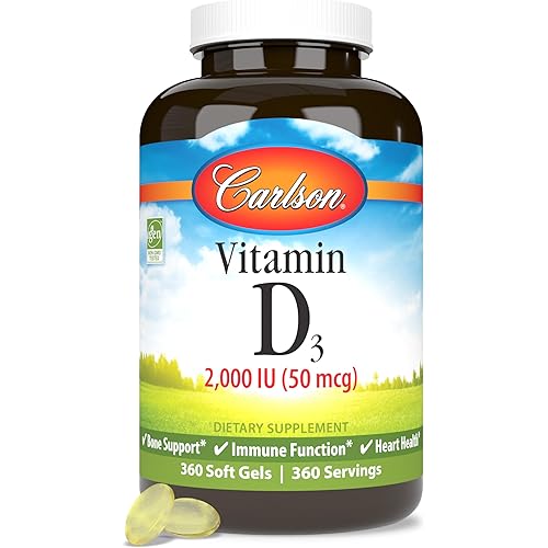 Carlson - Vitamin D3, 2000 IU (50 mcg), Bone & Immune Health, Vitamin D Supplements, Cholecalciferol Supplement, Gluten Free Vitamin D Capsules, 360 Softgels