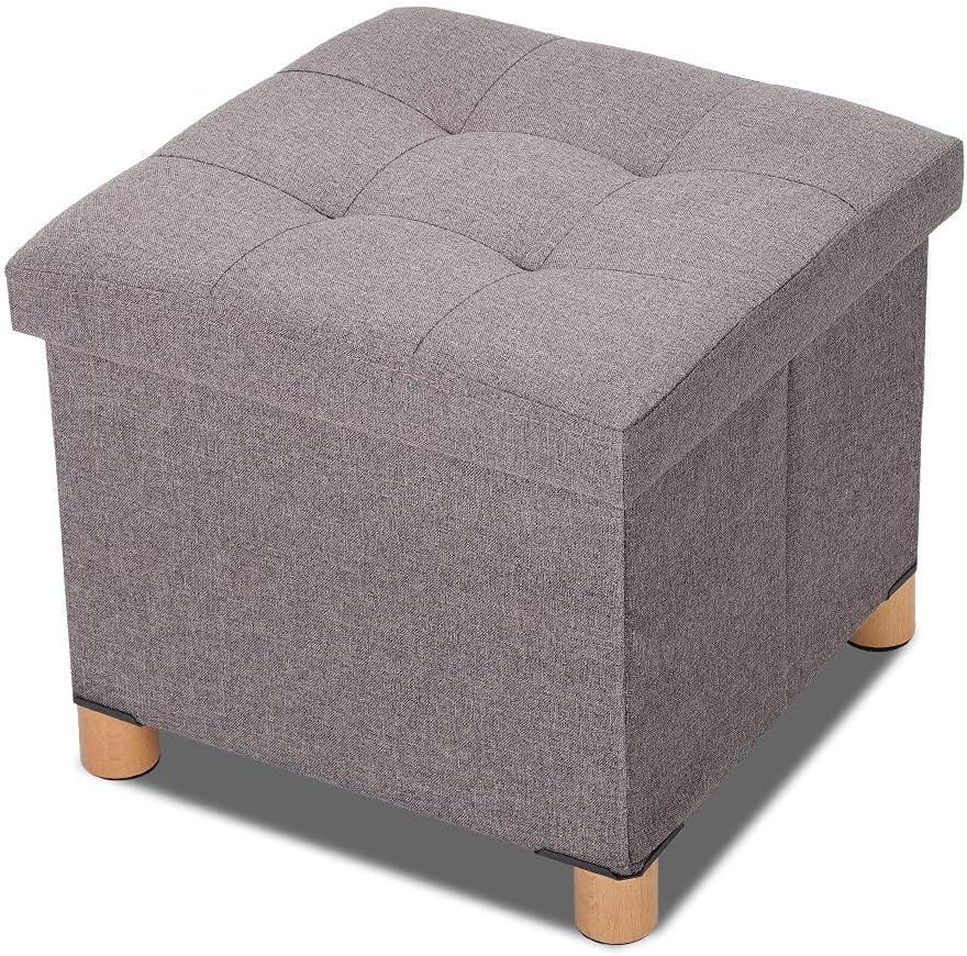 N&R Linen Folding Stool Storage Stool with Lid, Folding Cube Square Footrest Stool Ottoman Storage Box with 4 wooden legs and removable cushion 38 x 38 x 35 cm JB-Tong