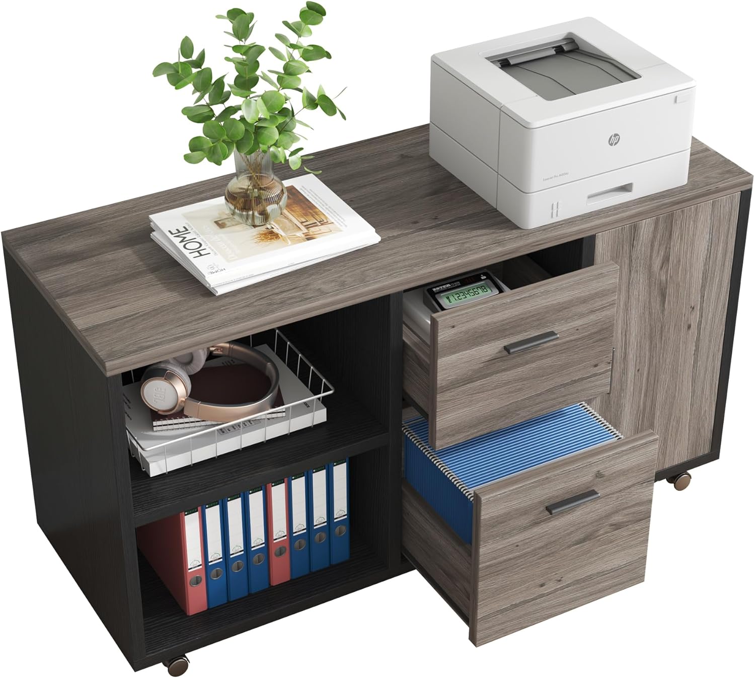 Tribesigns 47" Mobile File Cabinet with 2 Drawers, Wooden Filling Cabinet for Home Office, Lateral Office Storage Cabinet with Storage Shelves for Legal Size/Letter/A4/Files, Grey and Black