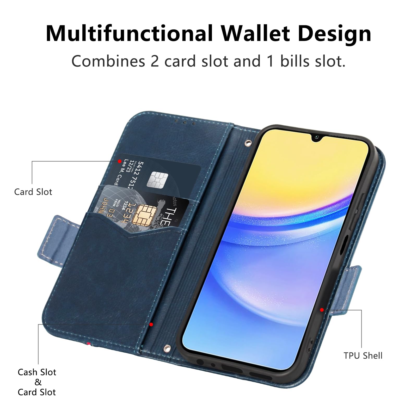 MAMA MOUTH Cover per Samsung Galaxy A15 / A15 5G, Custodia Flip Pelle Portafoglio, Magnetica Libro Slot Schede A15 Cover, Silicone TPU Bumper Wallet Supporto Antiurto Case Per Galaxy A15 5G Blu