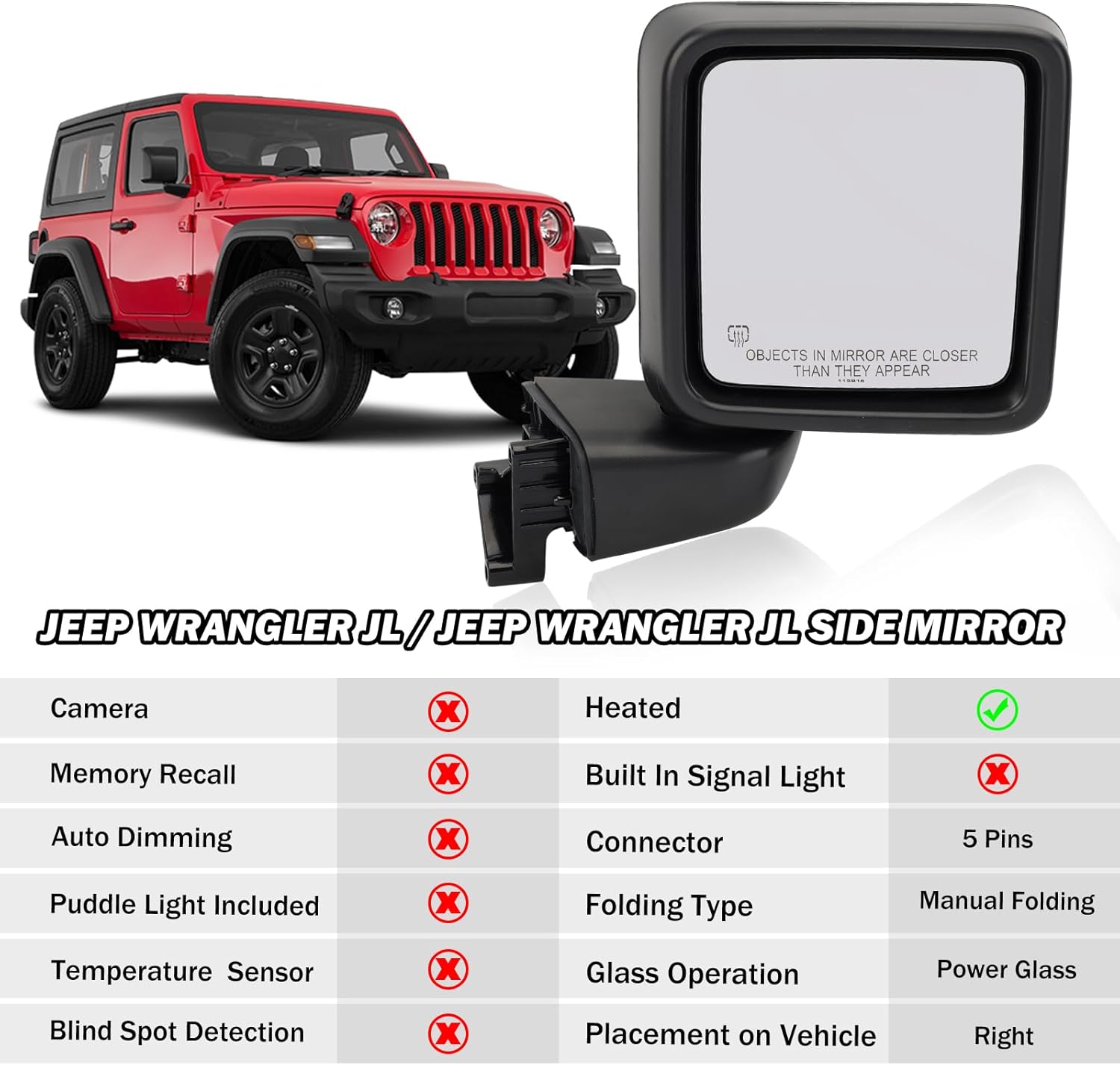 Passenger Side Mirror for 2018-2023 Jeep Wrangler JL/2020 2021 2022 2023 Gladiator JT,Mirror Assembly with Heated,Manual Folding Without Turn Singal/Blind Spot,Replace 68281890AE 68281890AB