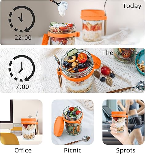 Miniatura 6 de Overnight Oats Tarros con tapa y cuchara, juego de 2, tarros de avena herméticos de gran capacidad de 16 onzas con marcas de medición, tarros Mason
